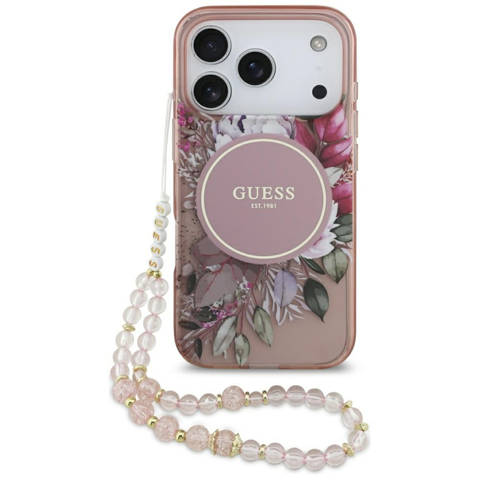 Etui Guess IML Flowers Pearl Strap       MagSafe do iPhone 17 Pro różowy