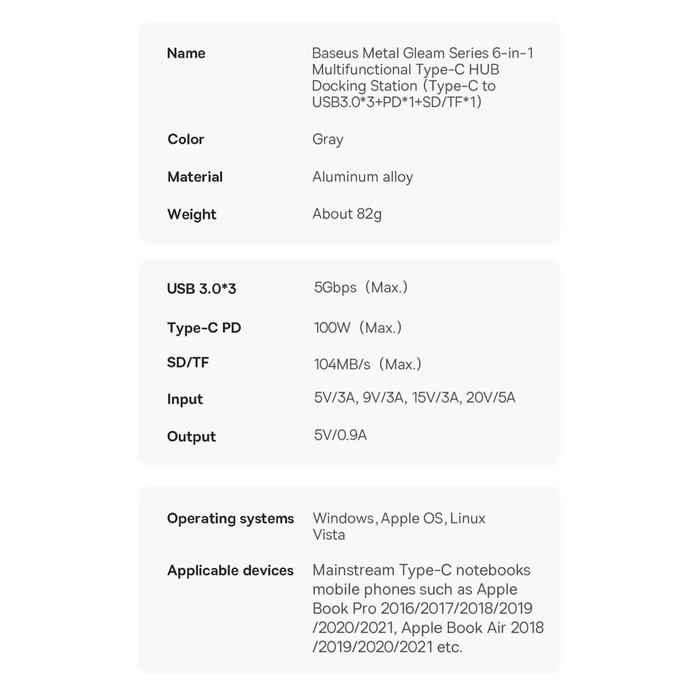 Stacja dokująca HUB Baseus Metal Gleam Series 6 w 1 USB Typ C - 3 x USB 3.2 Gen. 1 / 1 x Power Delivery / 1 x czytnik kart SD / 1 x czytnik kart TF szary (WKWG030213)