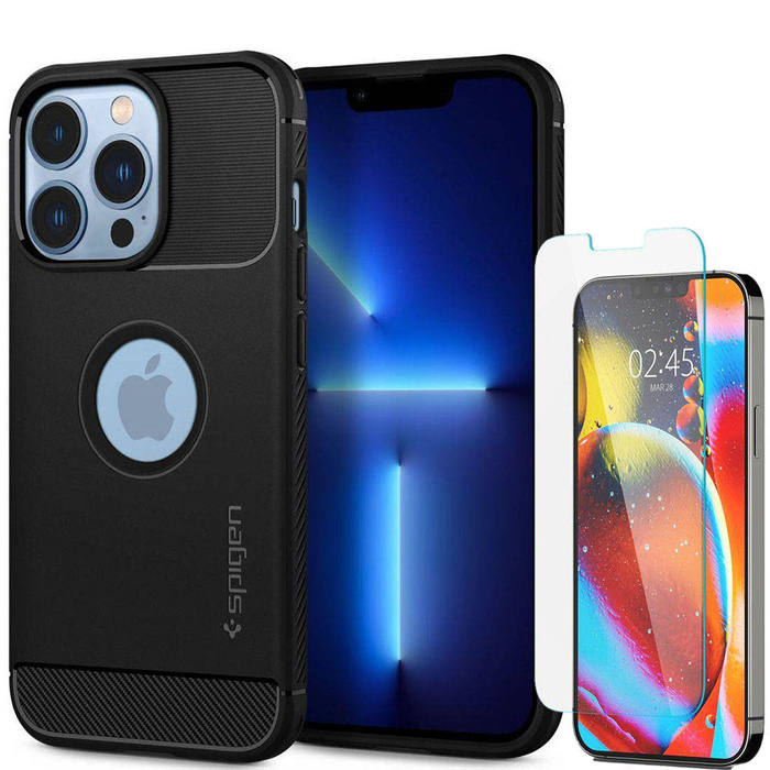 Etui Spigen iPhone 13 Pro Max Rugged Armor Matte Black Case + Szkło Hartowane Spigen Glas.Tr Slim