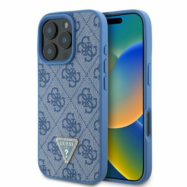 Etui Guess iPhone 16 Pro 6.3" niebieski/blue hardcase Leather 4G Triangle Strass MagSafe