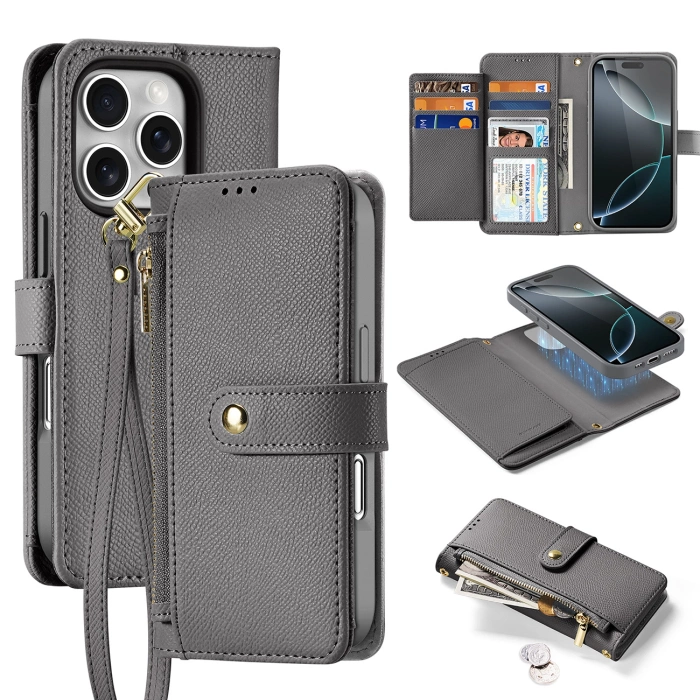 Etui skórzane Dux Ducis Lawa na iPhone 16 Pro Max z odłączanym portfelem magnetycznym - szare