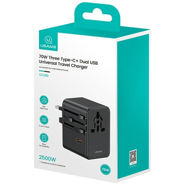 Ładowarka sieciowa USAMS Travel Adapter  CC310 3xUSB-C 70W 4w1 US/AU/EU/UK czarny