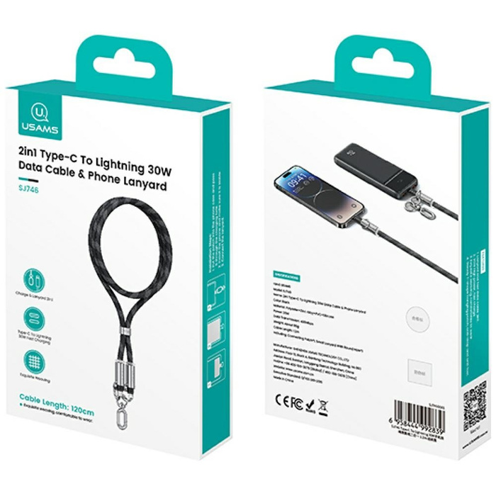 Smycz do telefonu z kablem do ładowania  Usams SJ746 30W USB-C do Lightning 1.2m czarny