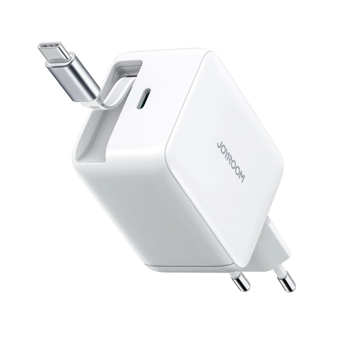 Ładowarka sieciowa Joyroom JR-TCL06 67W GaN z wbudowanym zwijanym kablem USB-C - biała