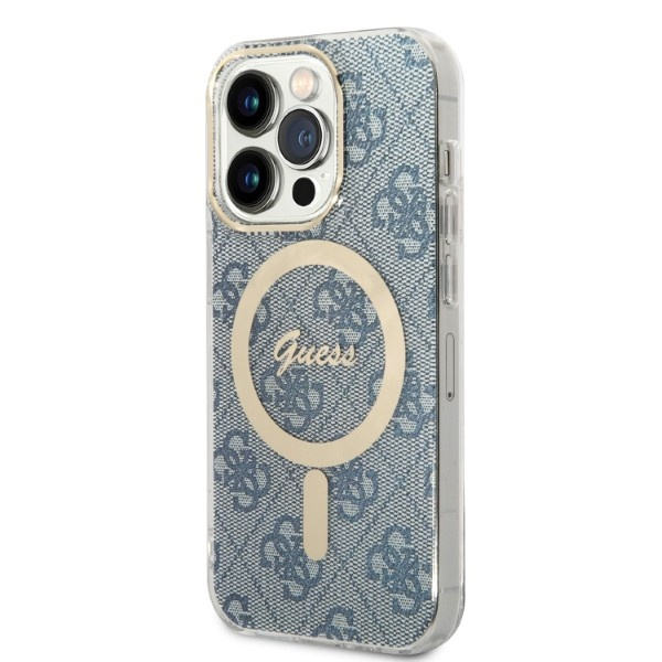 Zestaw Etui Guess Case+ Charger iPhone 14 Pro 6,1" niebieski/blue hard case 4G Print MagSafe