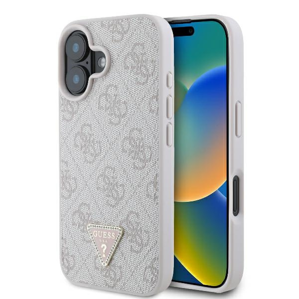 Etui Guess iPhone 16 6.1" różowy/pink hardcase Leather 4G Triangle Strass MagSafe