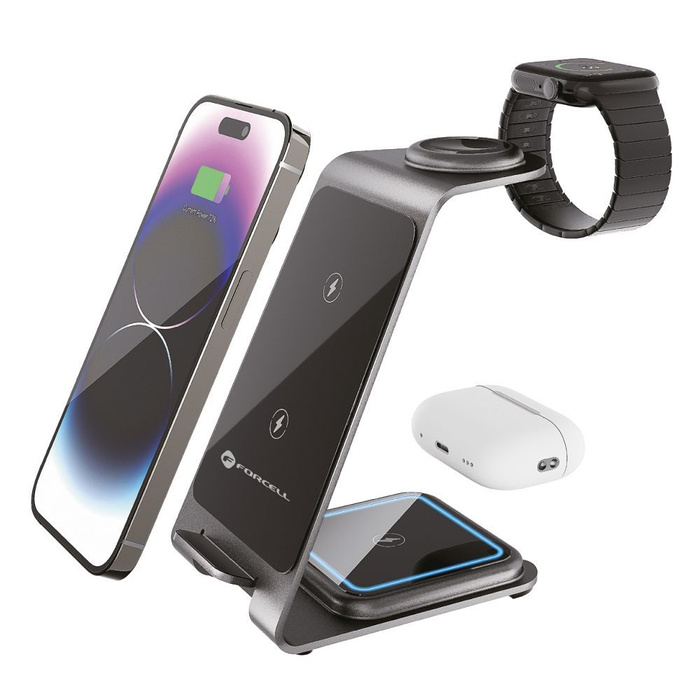 Ładowarka indukcyjna Forcell F-Energy 3w1 Simply Charge aluminiowa kompatybilna z Apple Watch i Samsung Watch szara