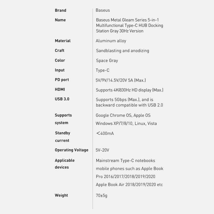 Baseus Metal Gleam Series multifunkcjonalny HUB USB 5w1 USB Typ C PD 100W HDMI szary (WKWG020013) 