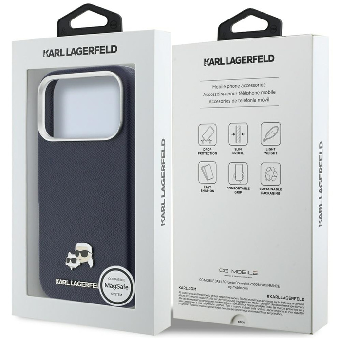 Etui Karl Lagerfeld Karl & Choupette     Head Pins Saffiano MagSafe do iPhone 17 Pro niebieski