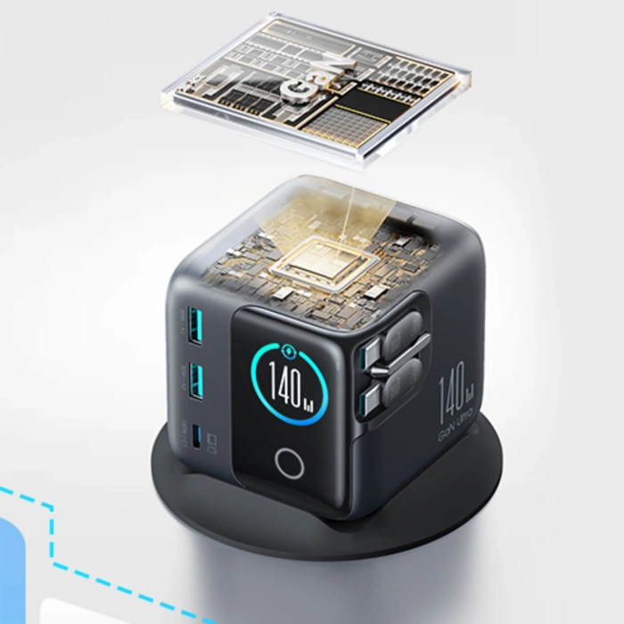 Ładowarka biurkowa Joyroom Podix JR-TRD01 GaN 140W z 5 portami i podwójnymi zwijanymi kablami - szara