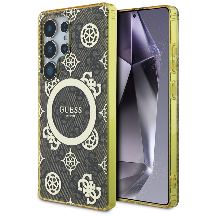 Etui Guess 4G Background Gold             Electroplated Peony Pattern MagSafe do Samsung Galaxy S25 Ultra brązowy