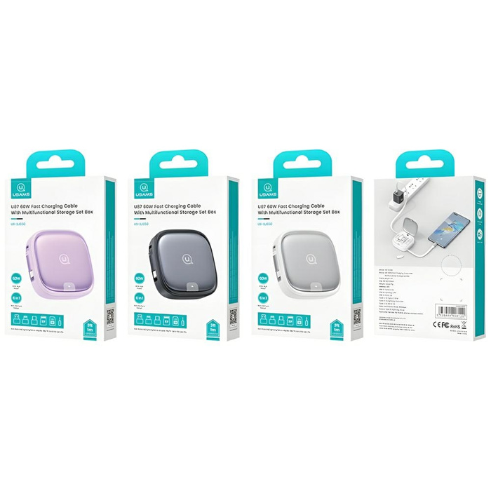 USAMS Kabel rozwijany 3w1 z pudełkiem MicroUSB/USB-C/Lightning 60W stalowy/tarnish SJ650USB01 (US-SJ650)