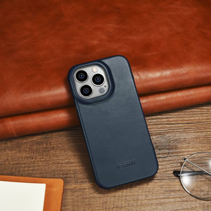 iCarer CE Oil Wax Premium Leather Folio Case skórzane etui iPhone 14 Pro z klapką magnetyczne MagSafe niebieski (AKI14220706-BU)
