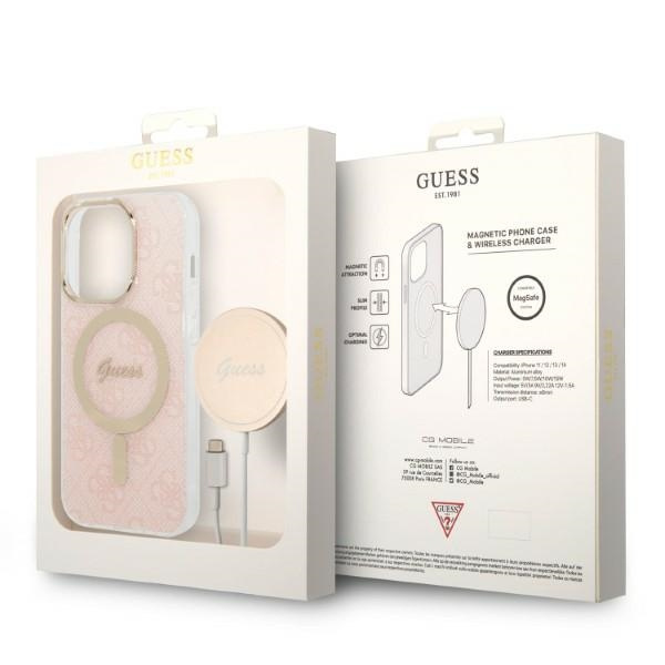 Zestaw Etui Guess Case+ Charger iPhone 14 Pro 6,1" różowy/pink hard case 4G Print MagSafe