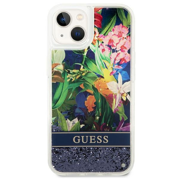Etui GUESS Apple iPhone 14 Flower Liquid Glitter Niebieski Hardcase
