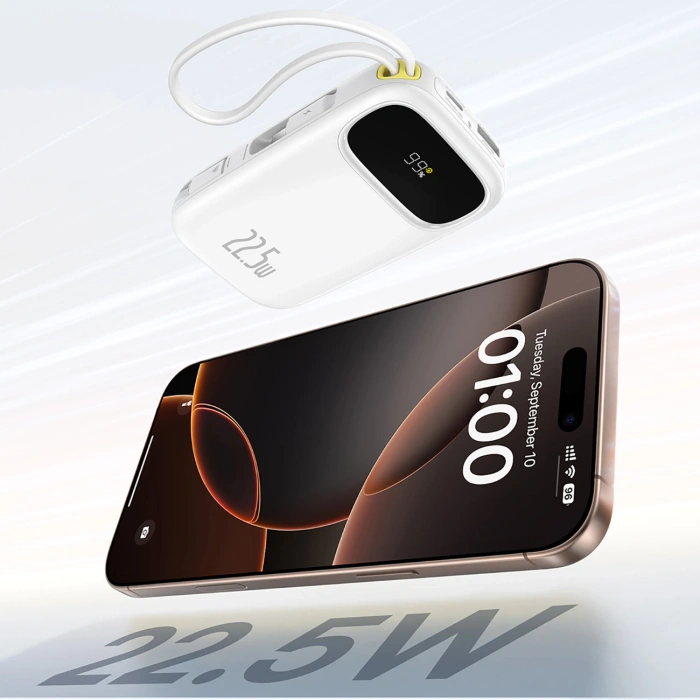 Powerbank Baseus EnerFill FC31 20000mAh 22.5W z wyświetlaczem cyfrowym i 2 wbudowanymi kablami (USB-C + Lightning) - biały