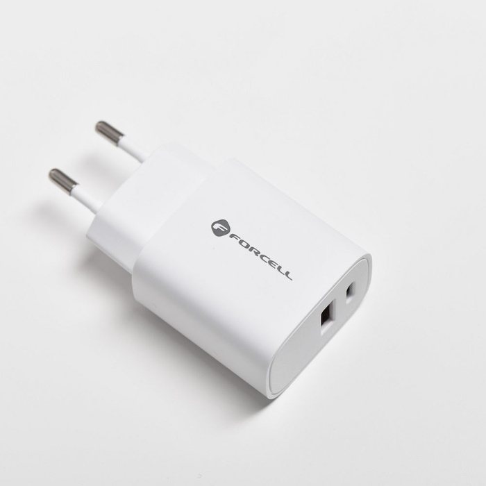 Ładowarka sieciowa do telefonu Forcell F-Energy USB C + USB A QC4.0 PD 3A 30W TFK-TC-30WPD biała