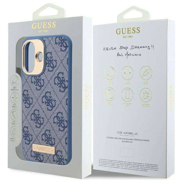 Etui Guess iPhone 16 6.1" niebieski/blue hardcase 4G Logo Plate MagSafe