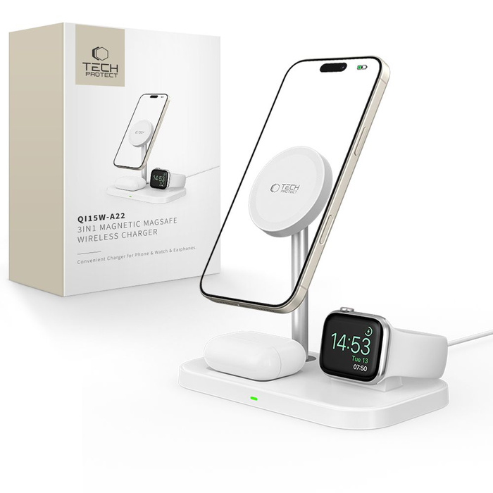 ŁADOWARKA TECH-PROTECT QI15W A22 3IN1 MAGNETIC MAGSAFE WIRELESS CHARGER WHITE