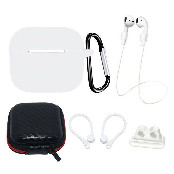 Zestaw silikonowe etui AirPods 3 + futerał / zaczep na ucho / pasek na szyję / uchwyt na pasek zegarka / karabińczyk | białe