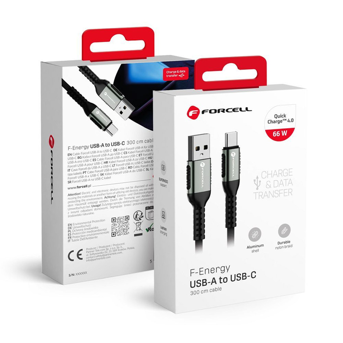 Kabel USB A do USB C Forcell F-Energy QC4.0 3A 66W Cafule 3 m C256 czarny