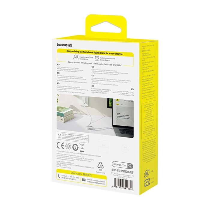 Kabel Baseus Dynamic 4 Pro 100W USB-C - USB-C magnetyczny 1m - biały