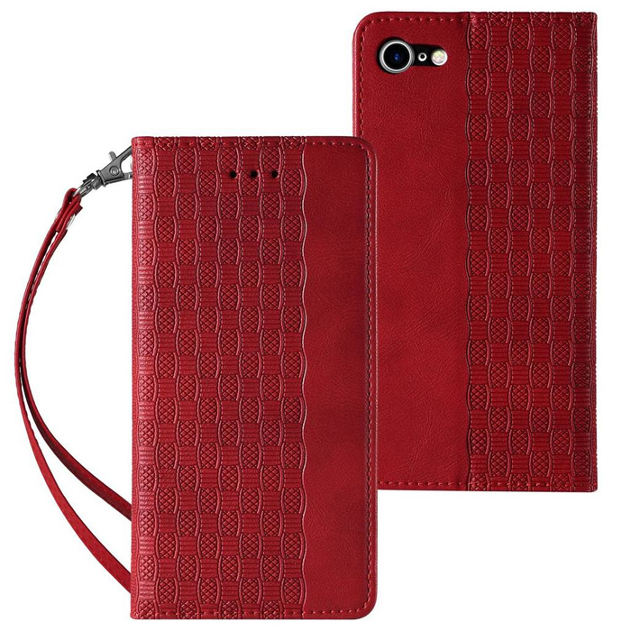 Magnet Strap Case etui do iPhone SE 2022 / SE 2020 / iPhone 8 / iPhone 7 pokrowiec portfel + mini smycz zawieszka czerwony