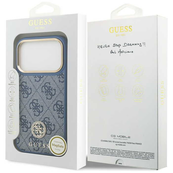 Etui Guess 4G Strass Logo MagSafe do     iPhone 17 Pro niebieski