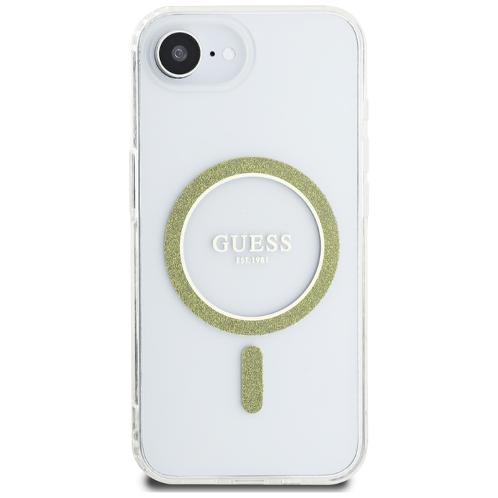 Etui Guess IML Glitter Circle MagSafe do iPhone 16e przezroczysty