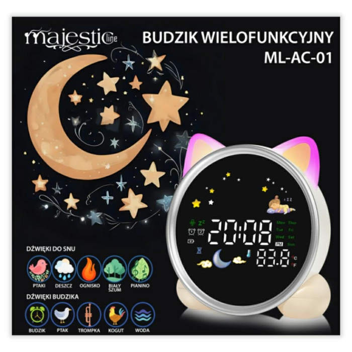 Budzik Wielofunkcyjny z uszkami          MajesticLine biały (kotek)