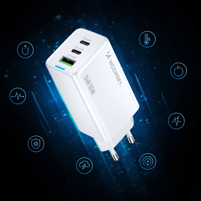 Wozinsky ładowarka GaN 65W z portami USB 2xUSB-C z kabelm C-C 65W - biała