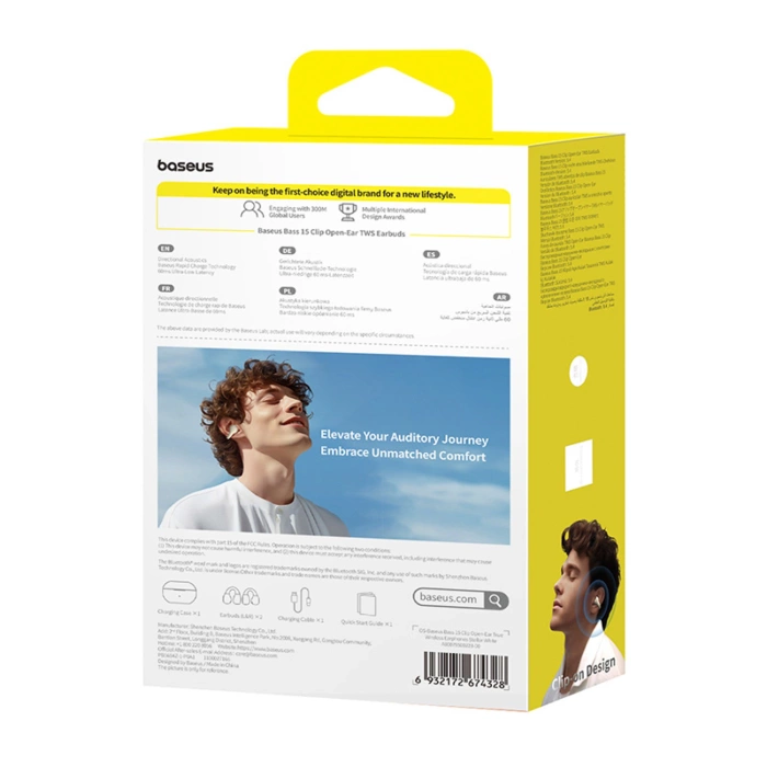 Słuchawki Baseus Bass 15 Clip OWS bezprzewodowe z kablem Baseus Simple USB-C 3A 30cm - białe