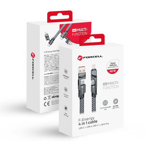 Kabel 4w1 USB C / USB A do USB C / Lightning Forcell F-Energy QC PD 3A 60W 1 m C241 chrom