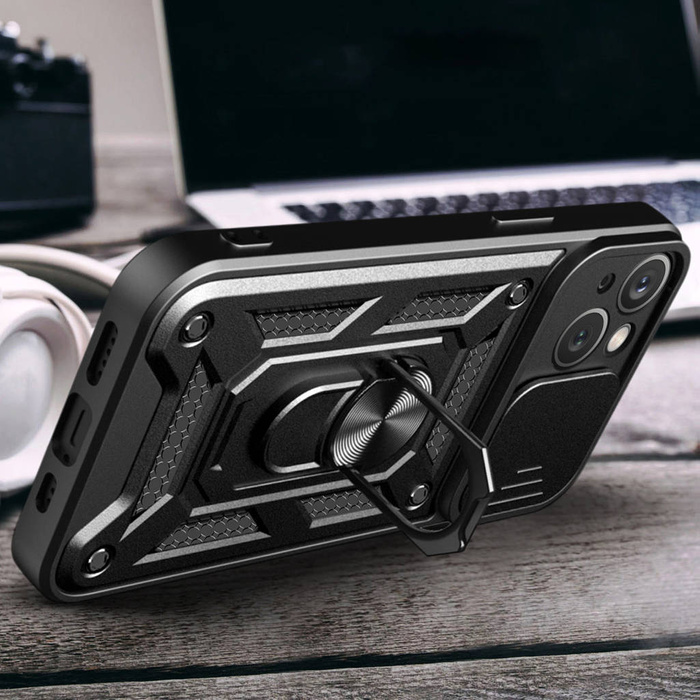 Etui Pancerne etui z podstawką i osłoną aparatu do iPhone 15 Plus Hybrid Armor Camshield - czarne Case
