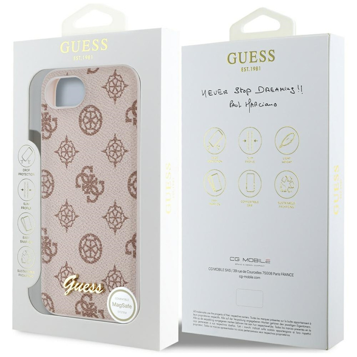 Etui Guess Peony Script Logo MagSafe do  iPhone 16e brązowy