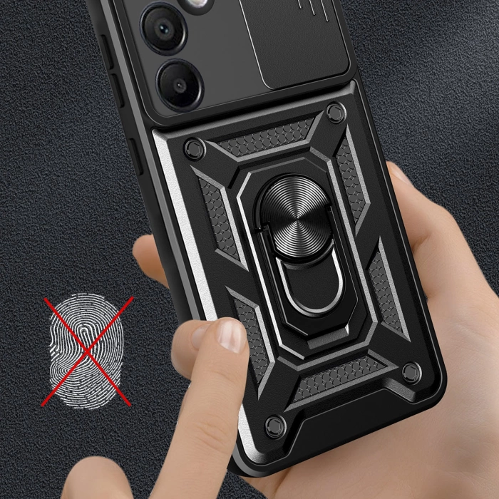 Etui Pancerne Hybrid Armor Camshield z podstawką i osłoną aparatu na Samsung Galaxy A36 - czarne