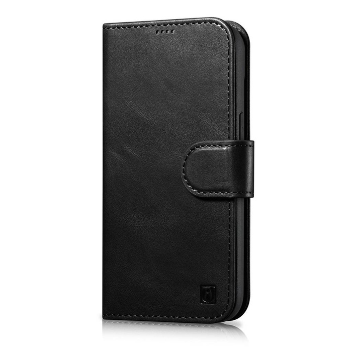 iCarer Oil Wax Wallet Case 2in1 etui iPhone 14 skórzany pokrowiec z klapką Anti-RFID czarny (WMI14220721-BK)