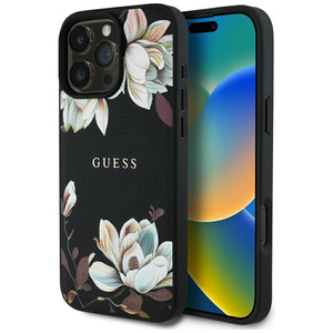 Etui Guess Grained Printed Flower         Pattern MagSafe do iPhone 16 Pro Max czarny