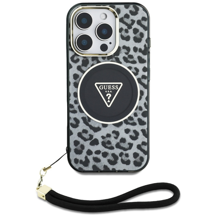 Etui Guess HC IML Leopard Triangle Cord   Strap do iPhone 16 Pro MagSafe czarny