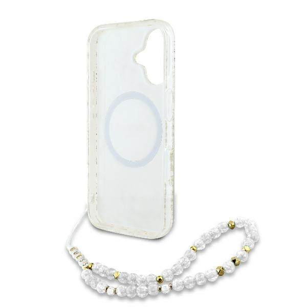 Etui Guess iPhone 16 Plus 6.7" biały/white hardcase IML Flowers Allover Electro With Pearl Strap MagSafe