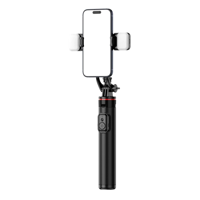 Selfie stick WC12YDS teleskopowy tripod 1.3m ze stopu aluminium z podwójną lampą i uchwytem na telefon - czarny