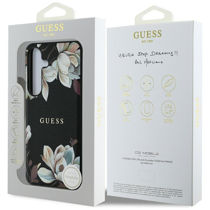 Etui Guess Grained Printed Flower         Pattern MagSafe do Samsung Galaxy S25 czarny