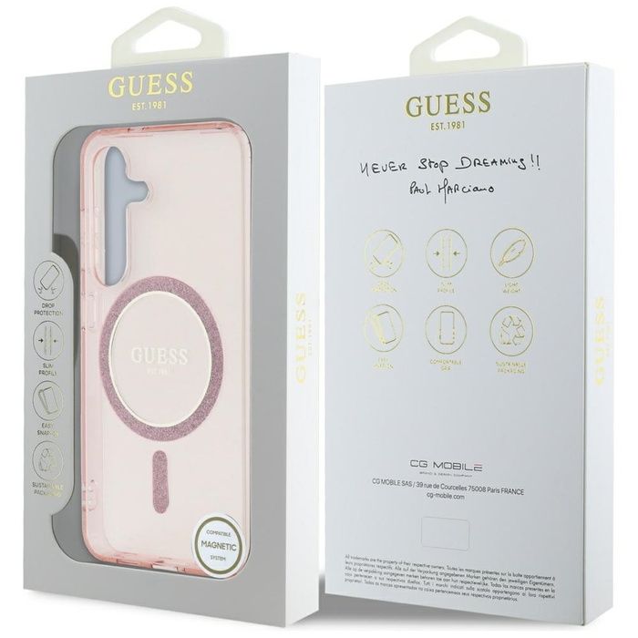 Etui Guess Glitter Circle Classic Logo    MagSafe do Samsung Galaxy S25 różowy