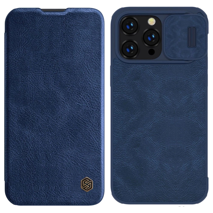 Etui Nillkin Qin Leather Pro Case etui iPhone 14 Pro Max osłona na aparat kabura pokrowiec obudowa z klapką niebieski