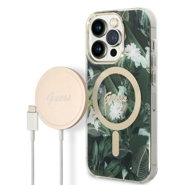 Zestaw Etui Guess Case+ Charger iPhone 14 Pro Max 6,7" zielony/green hard case Jungle MagSafe