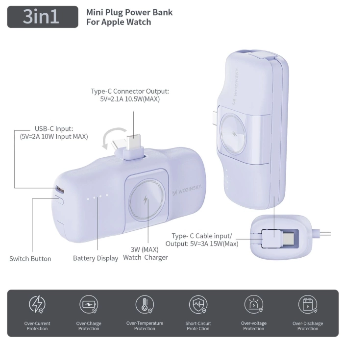 Powerbank Mini Wozinsky WF16-YCS 5000mAh 15W USB-C z wbudowanym kablem USB-C i ładowarką do Apple Watch - fioletowy