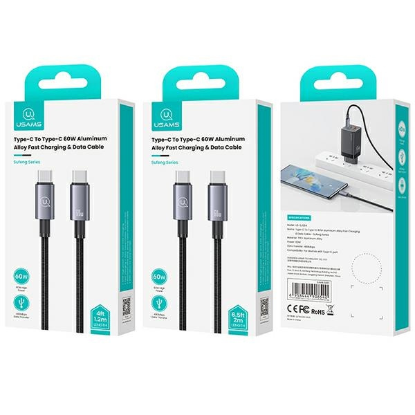 USAMS Kabel USB-C na USB-C 60W 1,2m Fast Charging stalowy/tarnish SJ661USB01 (US-SJ661)
