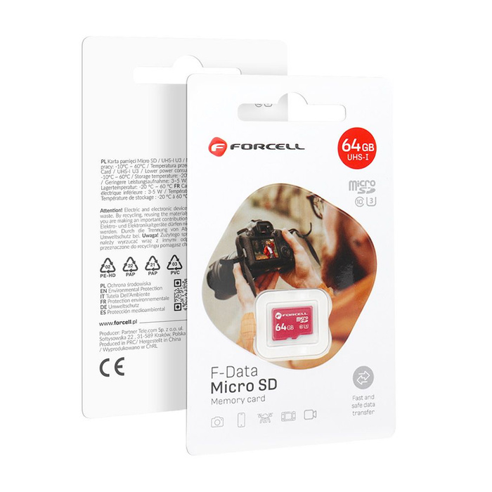 Karta microSD 64GB U3 class 10 Forcell F-Data czerwona