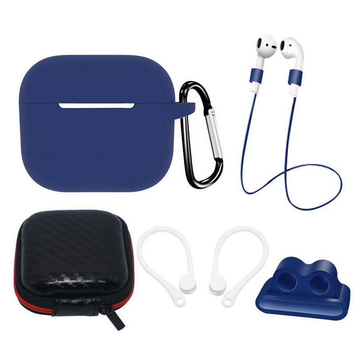Zestaw silikonowe etui AirPods 3 + futerał / zaczep na ucho / pasek na szyję / uchwyt na pasek zegarka / karabińczyk | niebieskie