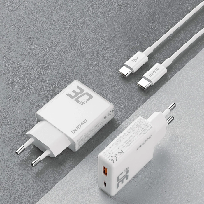 Ładowarka sieciowa GaN Dudao A30EUT 30W USB-A / USB-C + kabel USB-C - USB-C - biała